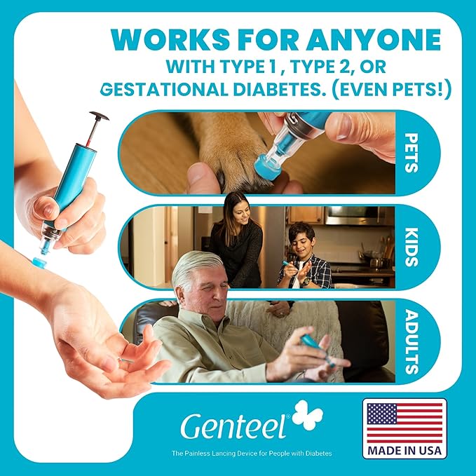 Genteel Lancing Device - Pain-Free Vacuum Lancing Device for Diabetes Testing - Blood Sugar, Glucose, Ketone, and DNA Home Tests (Butterfly Blue)