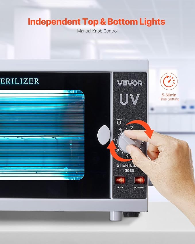 VEVOR Nail Tool Cleaning Machine, 12L Large Capacity, Knob Control, Tool Cabinet Cleaner Box with Timer Setting, Tempered Glass Door, 185nm Wavelength, for Labs, Home, Nail Salons, Beauty Salons