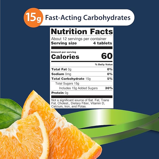 TRUEplus Glucose Tablets, Chewable, Orange Flavor, 15g Fast-Acting Carbohydrates, Fat Free, Gluten Free, Raise Low Blood Sugar and Boost Energy, 50 Count, 12 Bottles