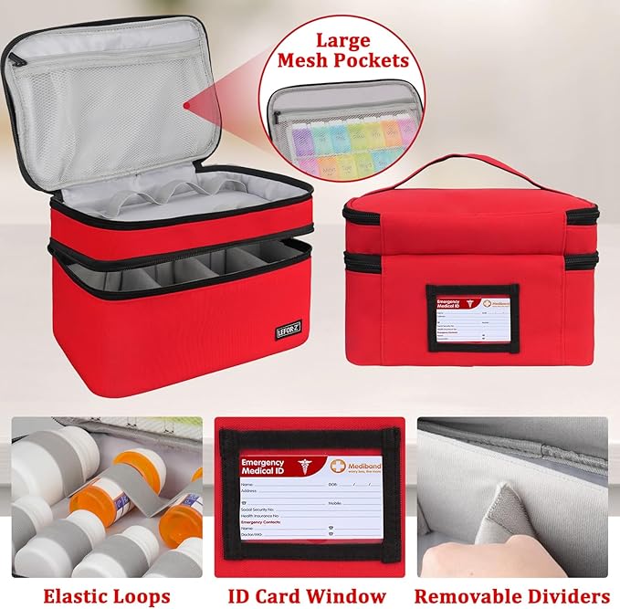Medicine Storage Bag,Double Layers Pill Bottle Organizer Bag Empty with Lockable Zipper&Adjustable Divider,Medication Travel Carrying Bag for Pills,Vitamins,Medical Supplies,Red