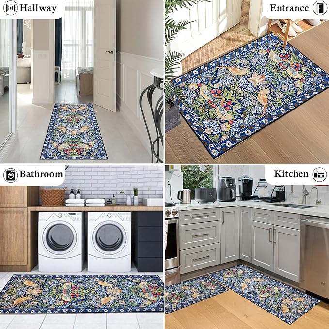 Blue Kitchen Rug Sets of 2, Vintage Floral Kitchen Mats for Floor Non Slip, Washable Cushioned Boho Bird Runner Rug for Kitchen Floor Laundry Desk Sink 17”x30“+17''x47''