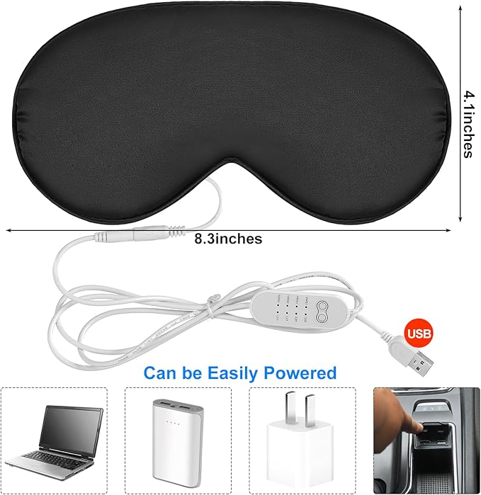 2 Pieces Silk Heated Eye Mask for Dry Eyes USB Steam Warm Compress for Puffy Eyes Adjustable Temp Sleep Eye Mask for Dry Eye, Chalazion, Blepharitis, Stye (Black, Green)