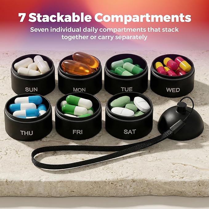 Metal Moisture-Proof 7 Day Pill Organizer - Aluminum Alloy Weekly Pill Box with Airtight O-Ring Seals, Large Stackable Compartments, Durable BPA-Free Medicine Case for Travel, Vitamins & Supplements