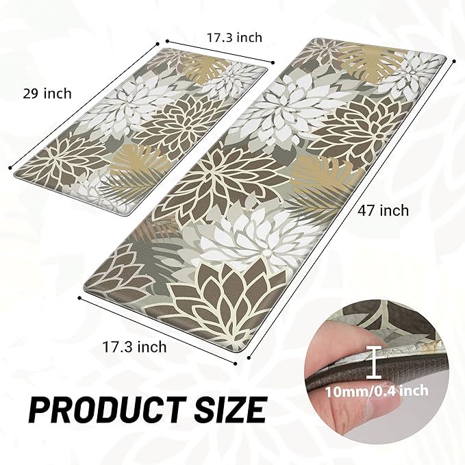 Kitchen Mats for Floor 2PCS Cushioned Anti Fatigue Kitchen Mats Waterproof Non Slip Kitchen Mat Rug Set Comfort Foam Standing Mat for Sink, Laundry, Office, Brown White