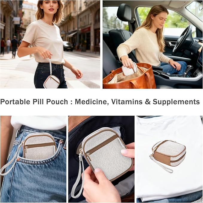 Weekly Travel Pill Organizer 2 Times A Day Pill Case for Purse with Removable AM PM 7 Day Pill Box,Cute Medication Organizer Pill Container for Medicine, Vitamin, Fish Oils,Supplement (Brown, Medium)