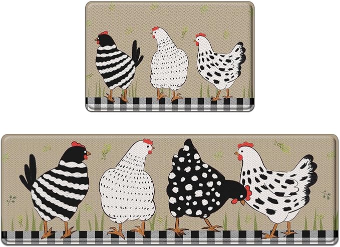 Anti-Fatigue Rooster Kitchen Rug Set of 2 Cushioned Chicken Rugs for Kitchen Floor, Country Farmhouse Standing Mat Waterproof Non-Slip Kitchen Mats and Rugs PVC Ergonomic Comfort Foam Kitchen Decor
