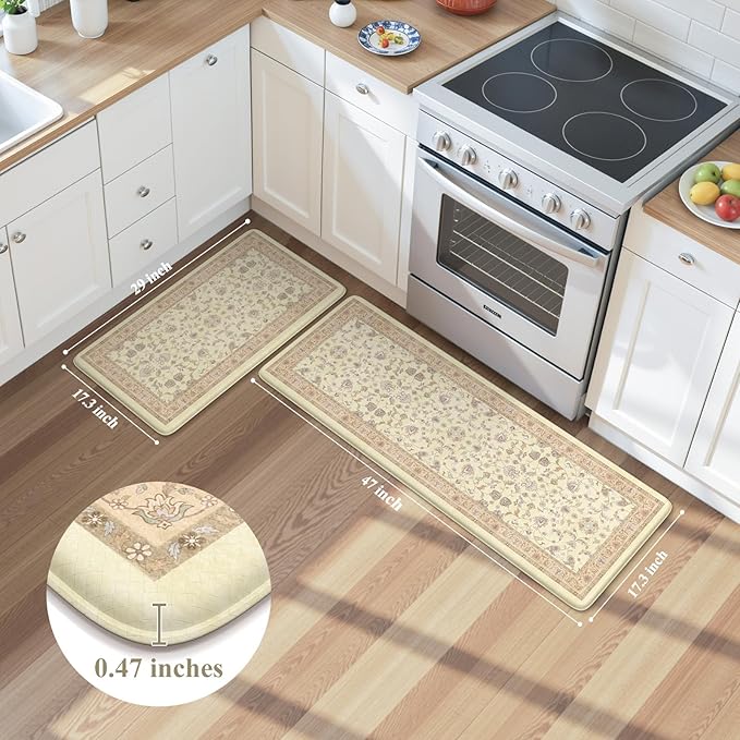 KIMODE Cushioned Padded Kitchen Mats for Floor,Anti Fatigue Memory Foam Kitchen Mat Waterproof,Boho Vintage Kitchen Rugs Sets of 2 Non Slip for Laundry Office Home Decor,Beige