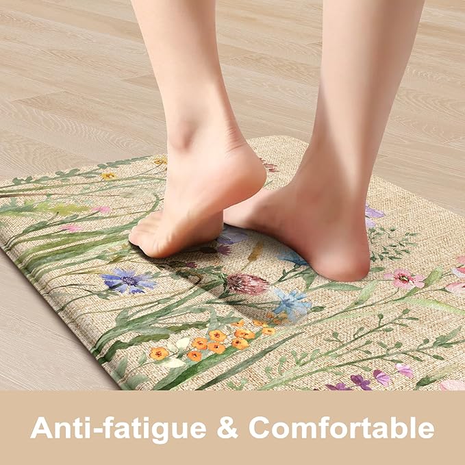 KIMODE Anti Fatigue Mats for Kitchen Floor 17"x59"+17"x29", Farmhouse Floral Kitchen Rugs, Cushioned Memory Foam Kitchen Mats, Comfort Standing Mat for Laundry, Office, Sink, Desk Brown