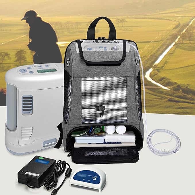 CURMIO Portable Oxygen Concentrators Backpack, POC Travel Carrying Bag with Mesh Panels for Breathability, Compatible for Inogen, Oxygo, Caire Units, Gray, BAG ONLY