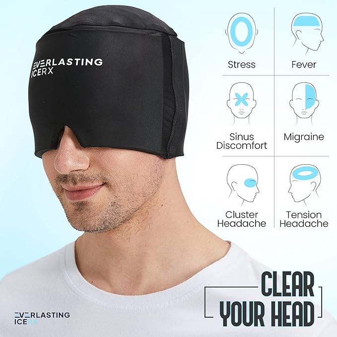 Form Fitting Gel Ice Headache Relief Hat - Cold Therapy Headache Relief Cap/Ice Head Wrap Ice Pack Mask, Cold Compress Headache Relief Cap for Tension & Stress, 20% More Gel, Migraine Relief Black