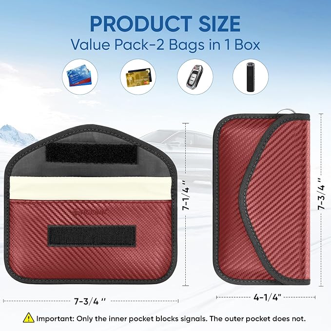 TICONN 2PK Faraday Bags for Car Keys Fob, 7.75"X4.25" Faraday Cage Protector, Car RFID Signal Blocking, Anti-Theft Pouch Anti-Hacking Case Blocker (Red, L)