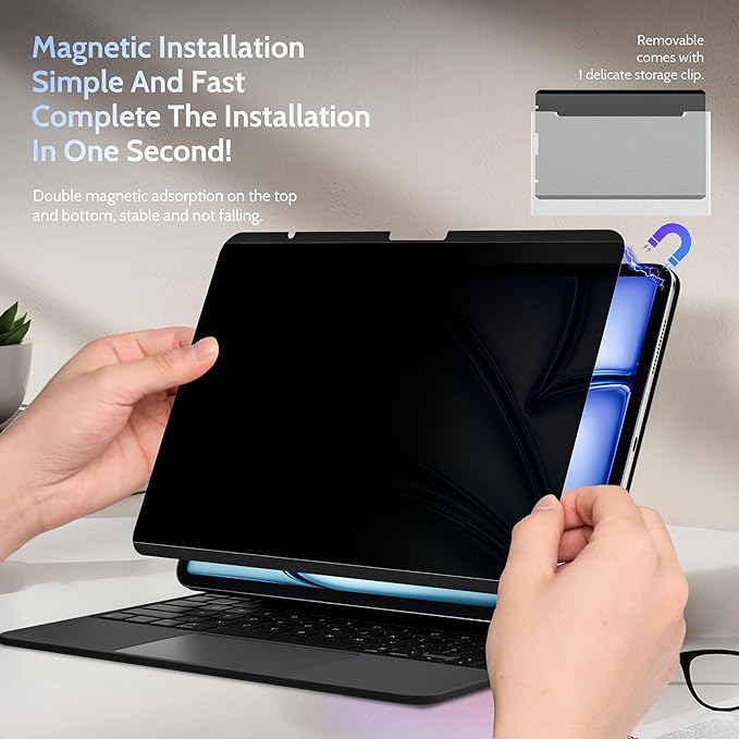 4-Way Magnetic Privacy Screen for iPad Air 13 Inch (2024-2026, M2 M3 M4), Removable 360 Spy Private Filter, Anti Blue Light Glare Bubble-Free Easy Install Black Screen Protector