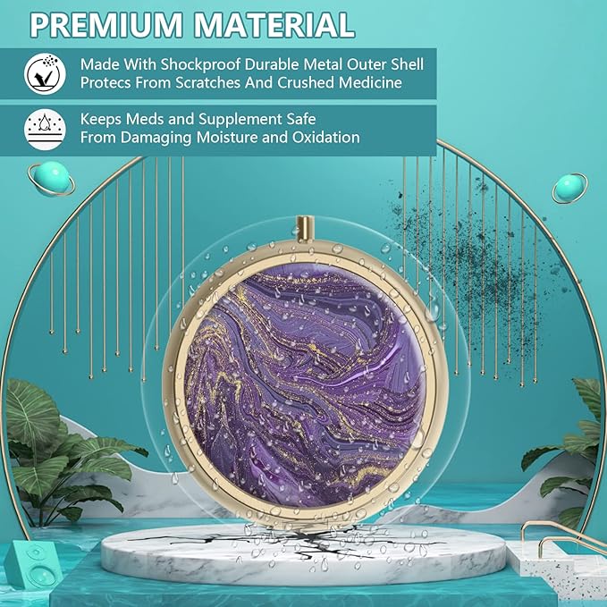 Pill Case Pill Box with Mirror Retro Small Pill Case for Purse or Pocket Bronze Pill Box or Vitamins, Fish Oil, Supplements, Pill Containe Travel Gifts（2PCS）