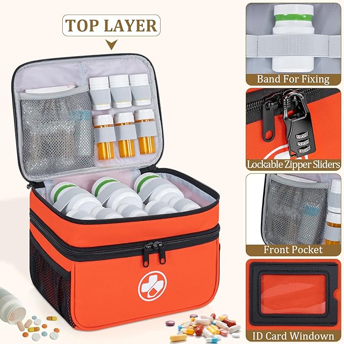 Dual Layers Medicine Organizer Bag, Pill Bottle Organizer Storage with Lockable Zipper, Lockable Medicine Travel Case for Pills, Vitamins, Medical Supplies, Orange（Lock not Included）