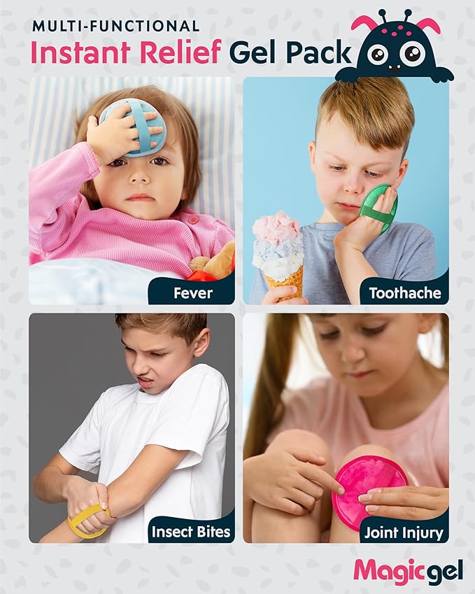 Magic Gel Kids Ice Packs for Boo Boos - Pack of 4 - Reusable Soft Ice Packs for Kids - Small Squishy Gel Pack for Baby or Toddler - Fun Cute Monster Design