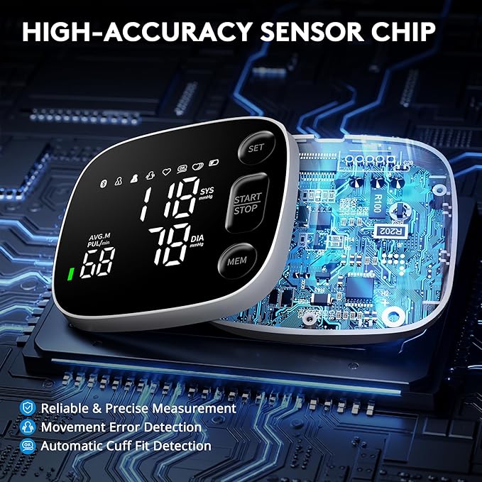 Blood Pressure Monitor Automatic Upper Arm BP Machine for Home Use with Bluetooth App Sync 2x120 Memory Accurate Reading, Large LED Backlit Display Adjustable Cuff 8.7"-16.5" with Storage Bag