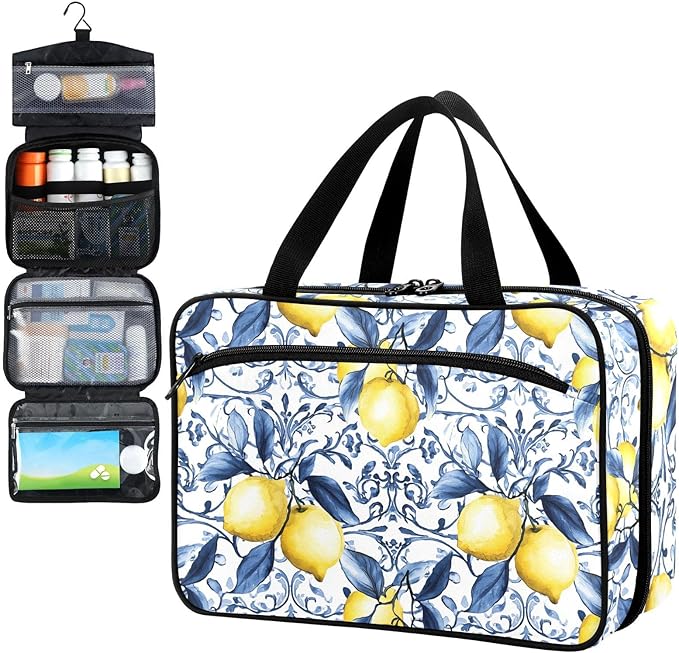Fustylead French Country Blue Tile Yellow Lemons Travel Pill Bottle Organizer Large Home Storage Medication Bag with Zipper for Vitamins, First Aid, Fish Oil, Medical Supplies