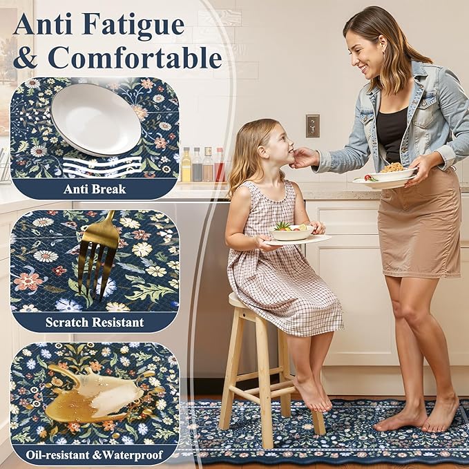 Yamaziot Anti Fatigue Kitchen Rugs Set of 3 - Boho Non Slip Waterproof Kitchen Mats for Floor, Boho Runner Rug for Kitchen Floor, Laundry, Desk, Bar, Office, 17.3"x29"+17.3"x35"+17.3"x47", Blue