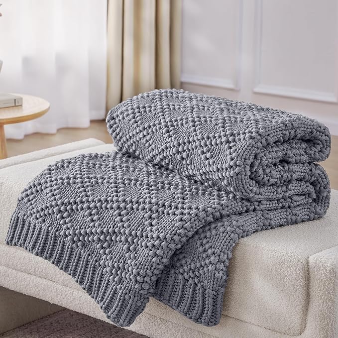 Knitted Weighted Blanket for Adult, Chunky Knit Weighted Throw for Sleep 50"*60" 5lbs, Cooling Breathable Heavy Blanket for Hot Sleepers, Machine Washable Blanket for Room Decor(Light Grey)