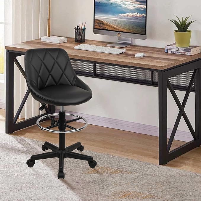 Small Rolling Stool with Backrest - 360° Swivel Chairs with Wheels, Adjustable Height Footrest Armless Vanity Chair, Thickened Seat Cushion Stool Chairs for Spa, Shop, Salon, Massage, Black, 2 Pack