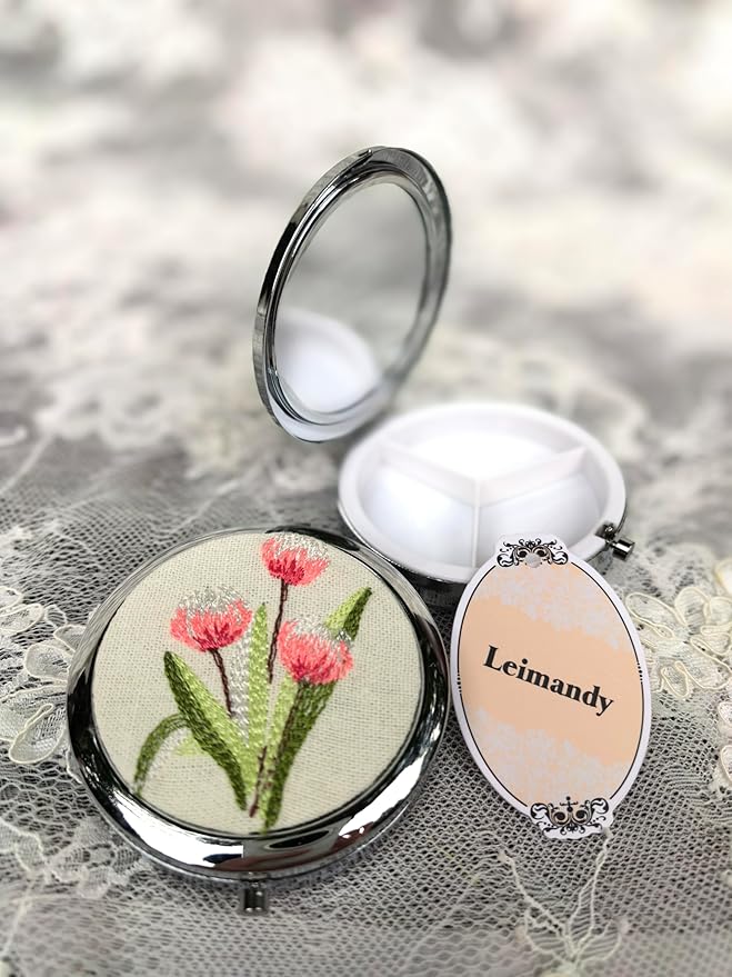 Leimandy Diameter 7cm Pill Case Pill Box with Mirror Retro 3 Compartment Pill Box Compact Mirror Moisture Proof Pill Case Travel Size Pill Case 7 Day Birthday Gift Mother's Day Gift L3 (Pink Tulip)