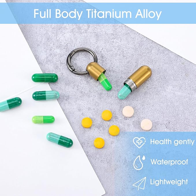 Small Pill Case Keychain Tiny Portable Carabiner Clip Pill Holder Bottle Micro Waterproof Metal Pill Container Mini Emergency Medicine Organizer for Outdoor Camping Travel Purse (Gold)
