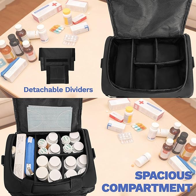 Tactical Pill Bottle Organizer Storage with 3 Inner Clear Pouches, Large Medicine Storage Bag, Pill Organizer Bags with Cross Body Straps for Home, Dorm, Travel, Outdoor, Black