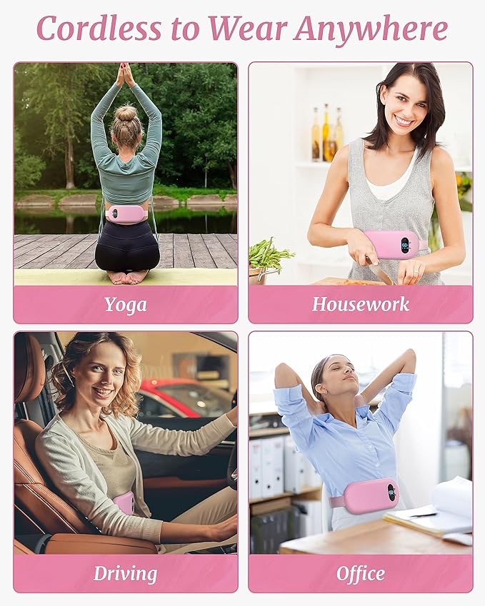Portable Heating Pad for Cramps, Upgraded Cordless Electric Period Fast Heating Pad for Back Menstrual Belt 6 Heat 6 Vibrating Modes Gifts for Women Girls Her Girlfriend Pink