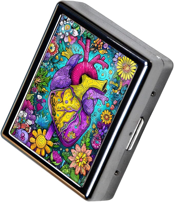 Metal Pill Organizer Box with Mirror – 8 Compartment Chrome Pill Case, Pocket-Size Travel Pill Container for Vitamins, Seniors, Daily Use (Floral Anatomy of The Heart)