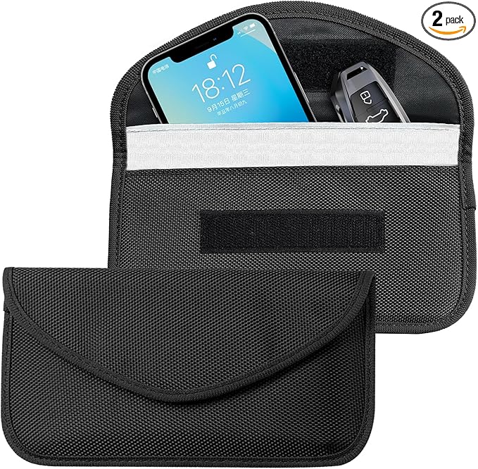 2PCS Faraday Bags for Car Key and Cell Phone, Signal Blocking Bag, Faraday Key Fob Protector, Universal Cell Phone Privacy Card Protection Car Accessories for Anti-Thefting (Black)