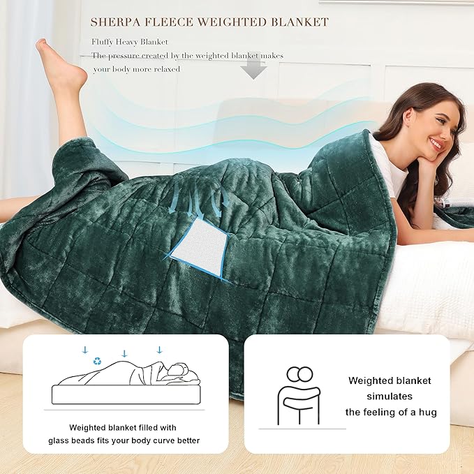 Alomidds Weighted Blanket Queen Size 20lbs 60 x 80 inches, Adult Weighted Blankets with Soft Plush Fleece,Fluffy Thick Warm Sherpa & Cozy Flannel Heavy Blanket for Sofa Bed, Forest Green