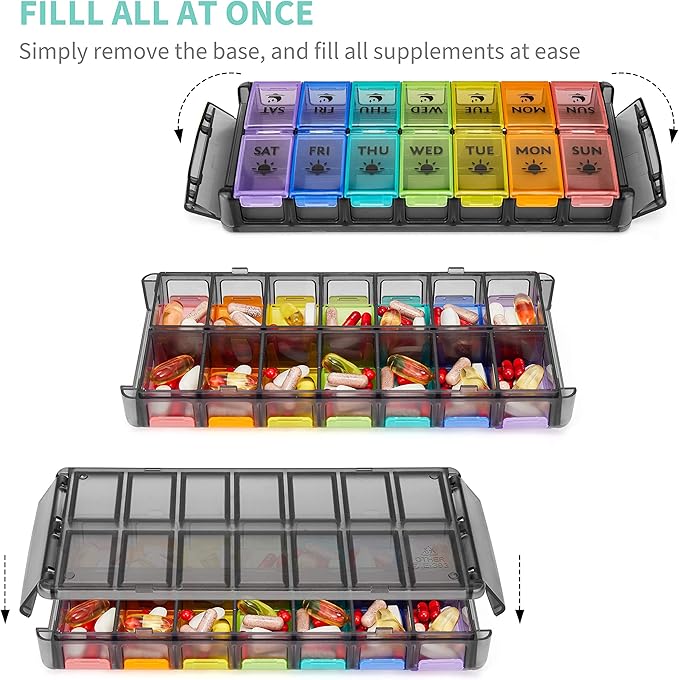 FGcase Large Pill Organizer 2 Times a Day 7 Day AM PM Pill Box Organizer with Lock, Easy Fill and Detachable Design, Travel Medicine Box for Vitamins and Pills, Black Rainbow