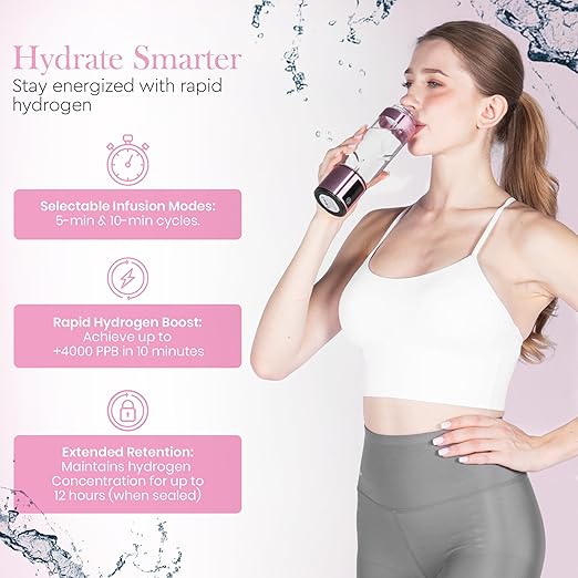 Wellness Frequency Hydrogen Bottle - Up to 4000+ PPB with UV Light Cleaning Technology and Wireless Charging Pad - Electric Water Bottle - Featuring 10 OZ Portable Capacity - SPE PEM Tech
