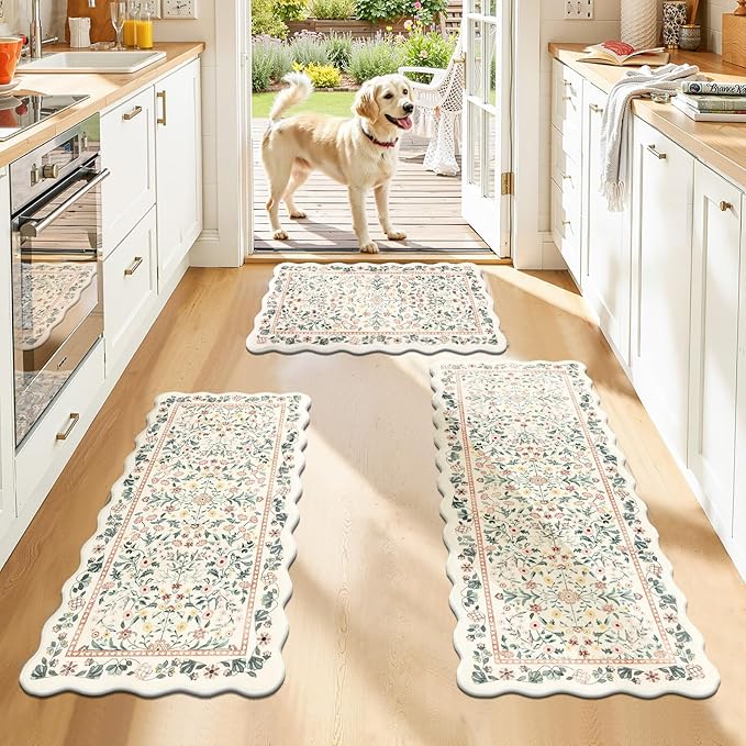 Yamaziot Anti Fatigue Kitchen Rugs Set of 3 - Boho Non Slip Waterproof Kitchen Mats for Floor, Boho Runner Rug for Kitchen Floor, Laundry, Desk, Office, 17.3"x29"+17.3"x35"+17"x47.3", Beige & Pink