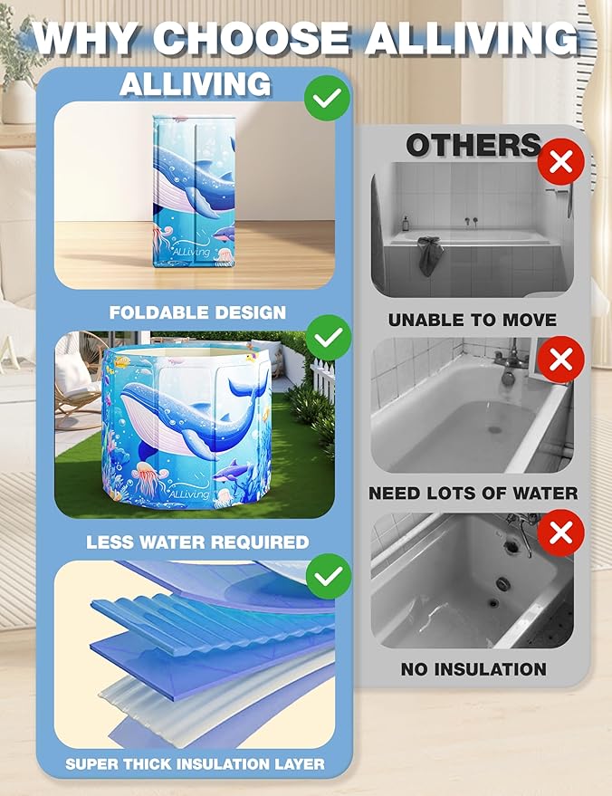 Portable Bathtub Adult Ice Bath Tub - Collapsible Folding Foldable Bathtub for Adult Shower Bathroom Hot SPA Soaking Cold Plunge Tub Deep Freestanding Bathtub Indoor Outdoor Animal