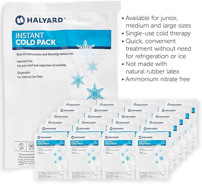 HALYARD Instant Cold Pack Disposable Cold Compress Ice Packs for Swelling Injuries Toothaches Sprains Strains 6 x 9 Inches, 24 Packs Per Case - 51779