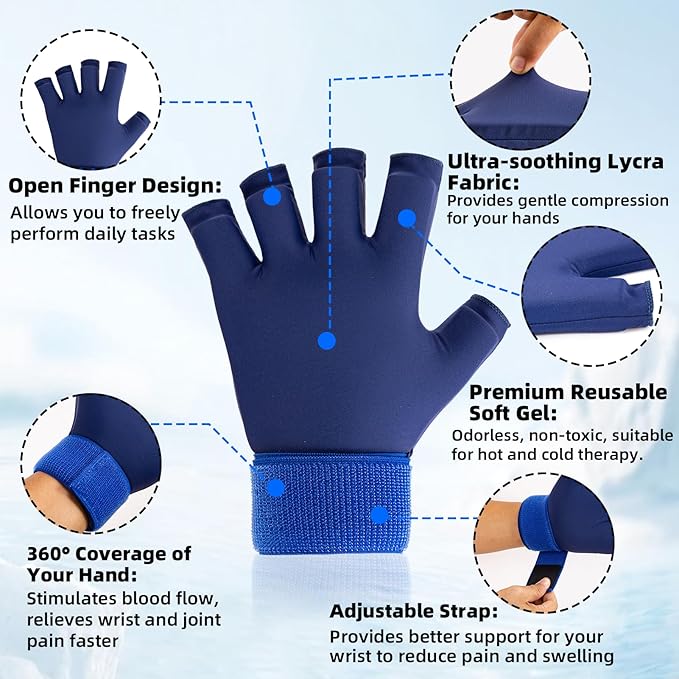 Finger Arthritis Compression Hand Ice Pack Gloves for Pain Relief, Blue Adjustable Wrist Ice Pack for Hot & Cold Therapies, Reusable Gel Finger Ice Glove Sleeve for Tendinitis, Carpal Tunnel