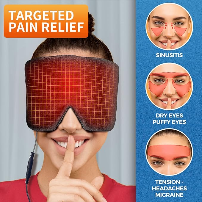sticro Heated Eye Mask with Extra Large Size for Dry Eyes and Sinus Pressure Relief, Ultra Soft Face Heating Pad for Tension Headache Relief, Jaw TMJ Pain Relief - 3 Heat & 5 Timing Settings (Black)