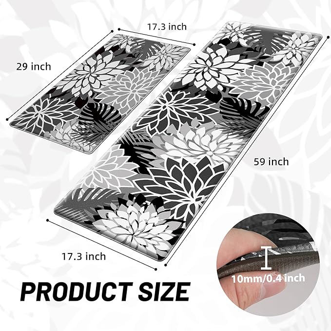 Kitchen Mats for Floor 2 Piece Cushioned Anti Fatigue Kitchen Mats Waterproof Non Slip Kitchen Mat Rug Set Comfort Foam Standing Mat for Sink, Laundry, Office, Black White