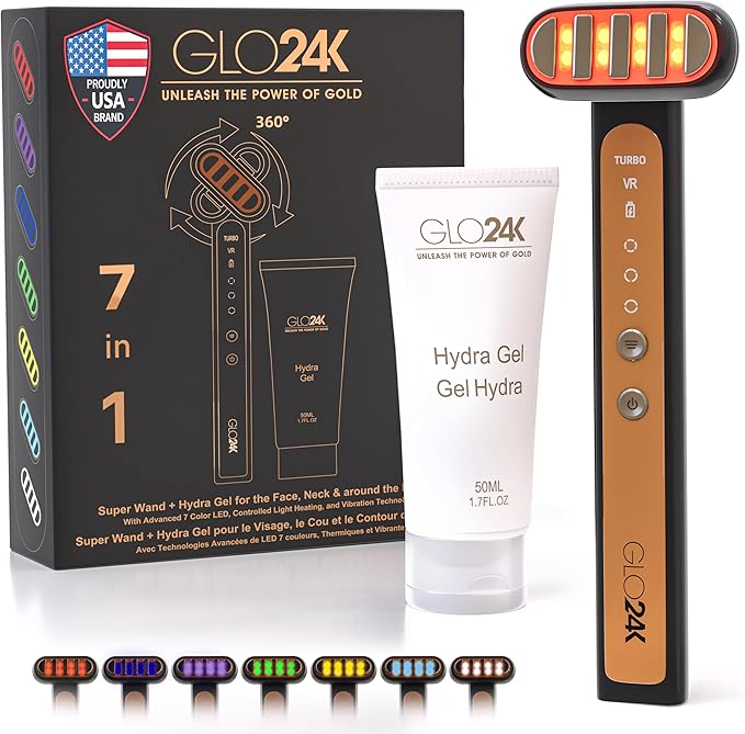 GLO24K 7 Color LED Super Wand Plus Hydra Gel for Radiant, Glowing Skin on the Face, Neck, and Around the Eyes