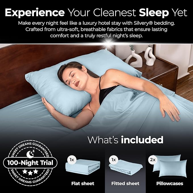Silvery Silver Infused Bed Sheets Set - Ultra-Soft Temperature-Regulating Fabric with Self-Cleaning Technology™ That Stays Fresh 3X Longer for Hygienic Sleep