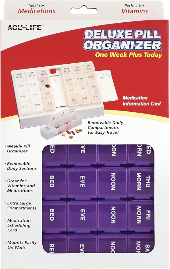 Acu-Life Weekly (7-Day) Pill Case, Medicine Planner, Vitamin Organizer, Pop-Out Compartments, 4 Times a Day, Easy to Use, Color May Vary, BPA Free