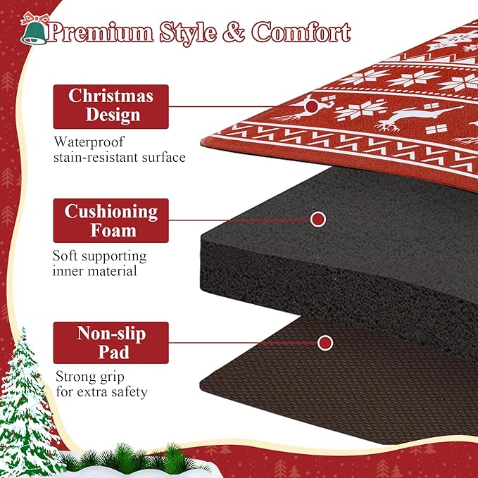 SHACOS Christmas Kitchen Rugs Set of 2 Anti-Fatigue Kitchen Mats Cushioned Red Mats White Deer Snowflakes Christmas Trees Boho Style Kitchen Mats and Rugs for Xmas 17x27.5+17x47, Boho Red