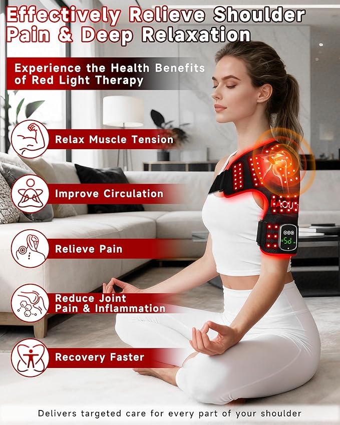 Cordless Red Light Therapy for Shoulder with Vibration Massage, 5000mAh Rechargeable Heated Shoulder Pad Massager, 660nm&850nm Near Infrared Light Therapy for Joint Pain Relief (Black)
