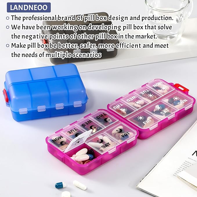 Foldable & Portable Weekly Pill Organizer 2 Times a Day with Clear Printed Labels - 7 Day AM PM Medicine Box, Week Daily Travel Pill Case Holder for Medications, Vitamin, Supplement - Clear Pink