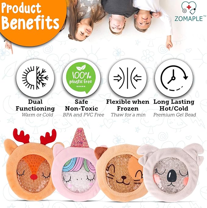 ZOMAPLE Boo Boo Ice Packs for Kids, 4 Pack, Girls Set A – Calm Tears Fast with Hot & Cold Relief – Leakproof, Flexible When Frozen, BPA & PVC Free Gel – Kids Ice Packs for Boo Boos in Animal Designs
