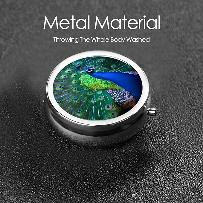 Beautiful Peacock Printed Round Travel Pill Box Cute Small Metal Pocket Pill Case for Men & Women 3 Compartment Portable Pill Organizer for Purse or Pocket