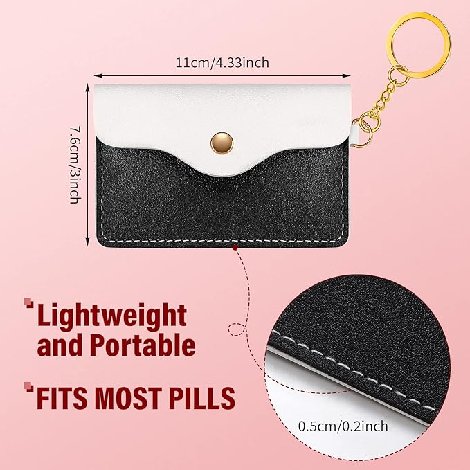 Tondiamo 2 Pack Birth Control Pill Case Holder PU Leather Pill Sleeve Packet 4.33 x 3 Inch Discreet Birth Control Pouch with Snap Closure Key Ring for Pills Card Organizer(Black, White)