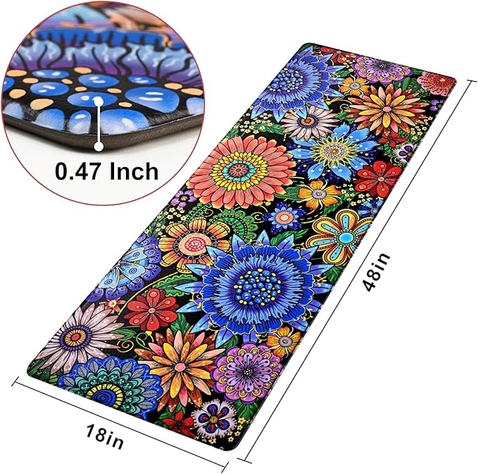 Likiyol Boho Kitchen Rugs Boho Floral Anti Fatigue Kitchen Mat for Floor Bohemian Flowers Non Slip Washable Kitchen Floor Mats, Comfort Standing Mat for Sink, Laundry, 18''x48'', 0.47" Th, Blue