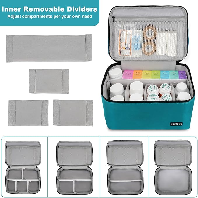 Medicine Storage Bag,Double Layers Pill Bottle Organizer Bag Empty with Lockable Zipper&Adjustable Divider,Medication Travel Carrying Bag for Pills,Vitamins,Medical Supplies,Teal Color